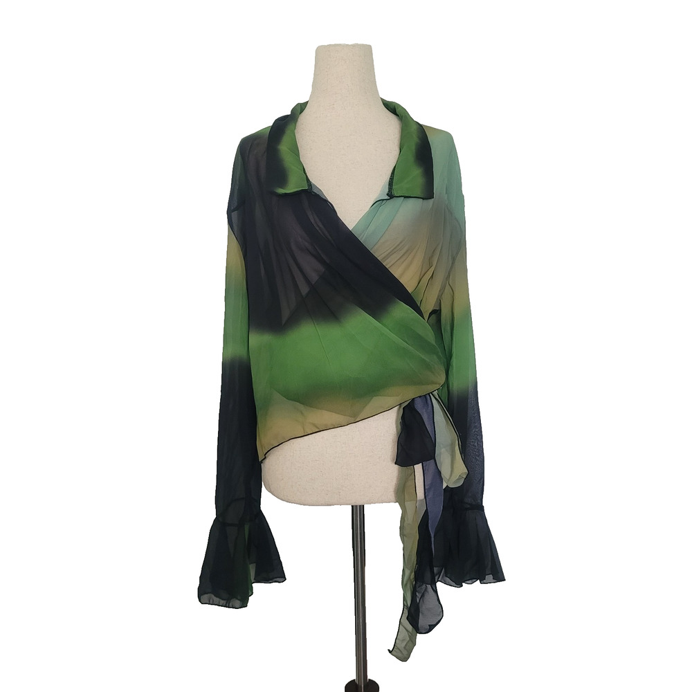 Sheer Chiffon Ombre Wrap Tie Blouse Size M Green Fairy Grunge Edgy E girl Rave